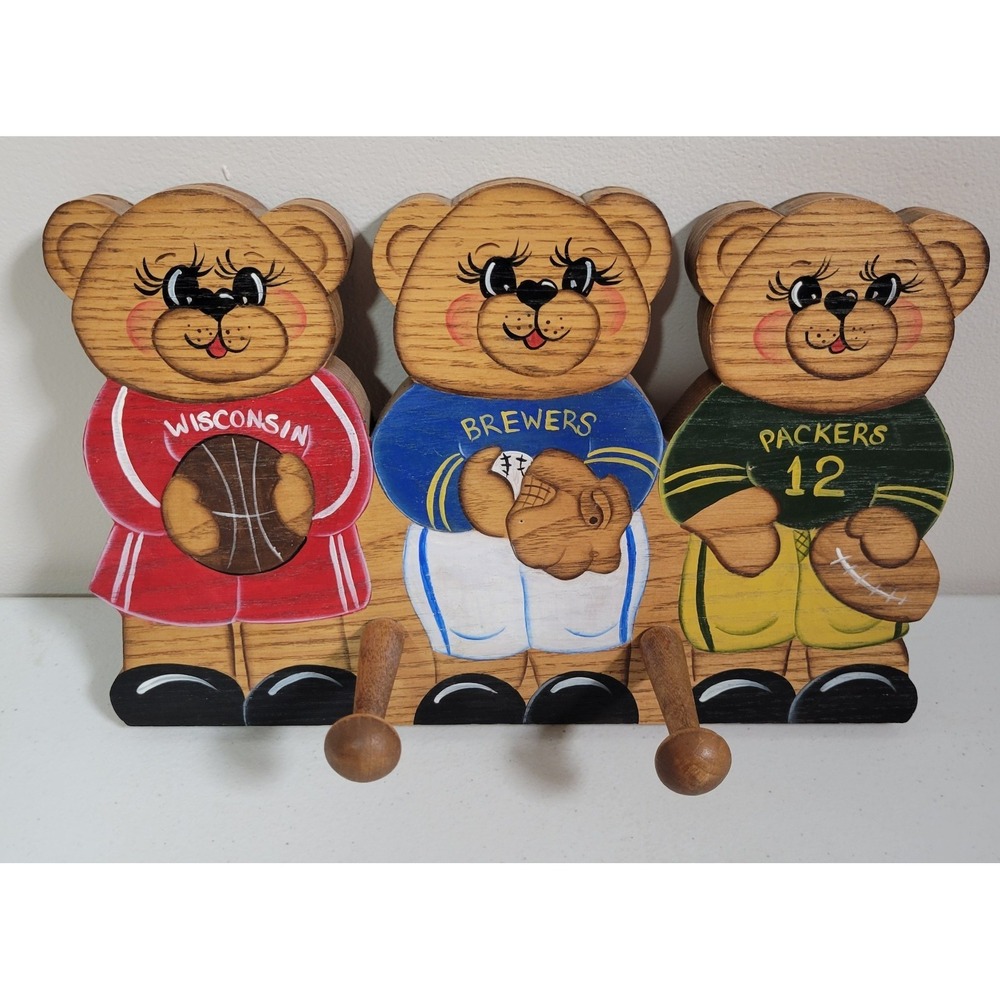 Handmade Hand Painted Bear Wooden Coat Rack Badgers Brewers‎ Packers 0548